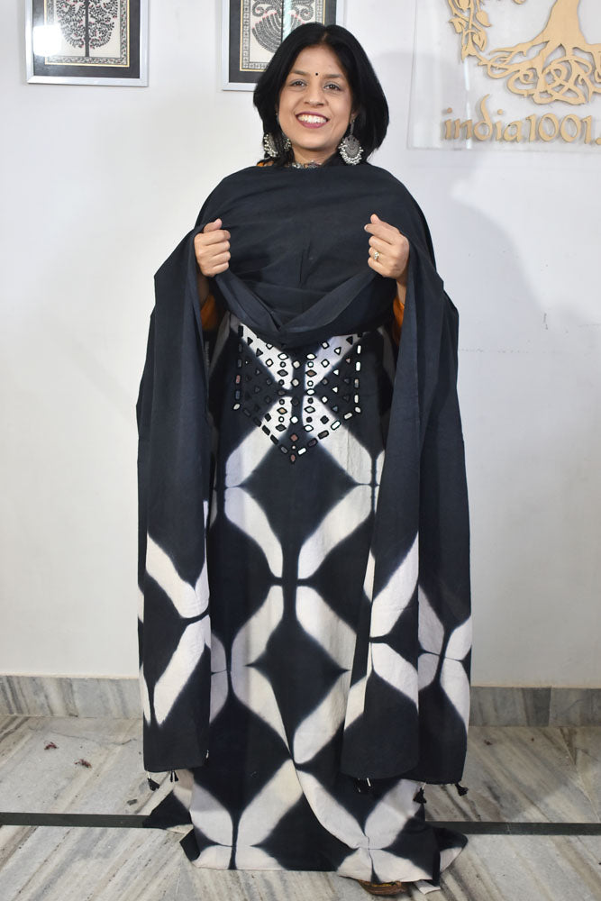 Tie & Dye Clamp Dyed cotton Unstitched Suit with Kutch Mirror work