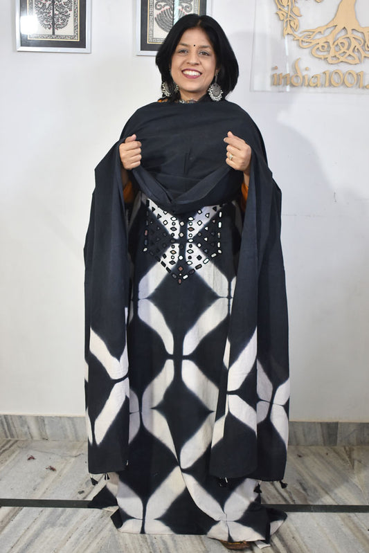 Tie & Dye Clamp Dyed cotton Unstitched Suit with Kutch Mirror work