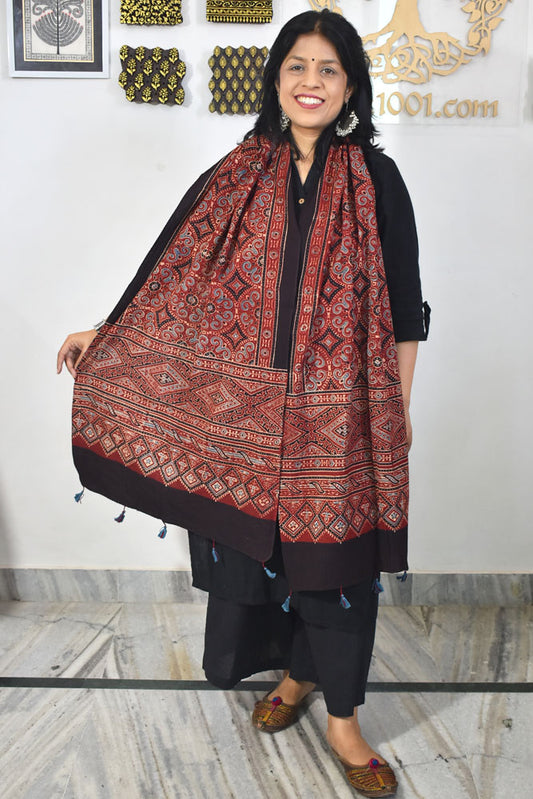 Ajrakh Hand Block Printed Khadi Cotton Stole with Tassels & natural dyes