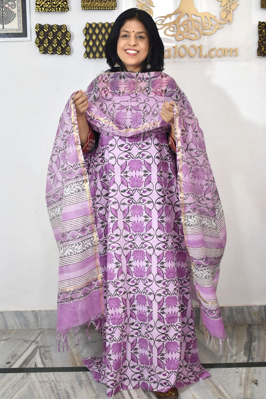 Designer Hand Block Placement Print Cotton suit with Chanderi dupatta and panel design