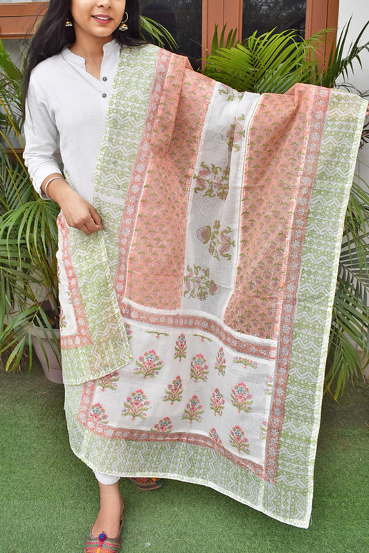 Hand Block Printed, Patch and Embroidery Work Kota Doria Dupatta