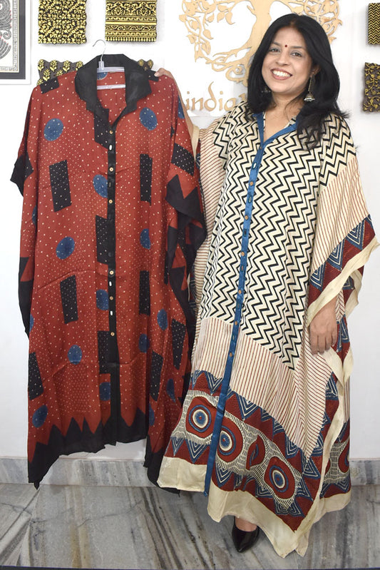 Beautiful Hand Block Printed Ajrakh Modal Silk Kaftan, Size 38 to 50
