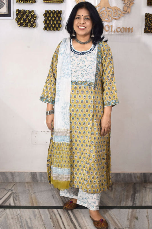 Hand Block Printed stitched 3 pc Cotton suit with Kutch Mirror Work Size  - 40