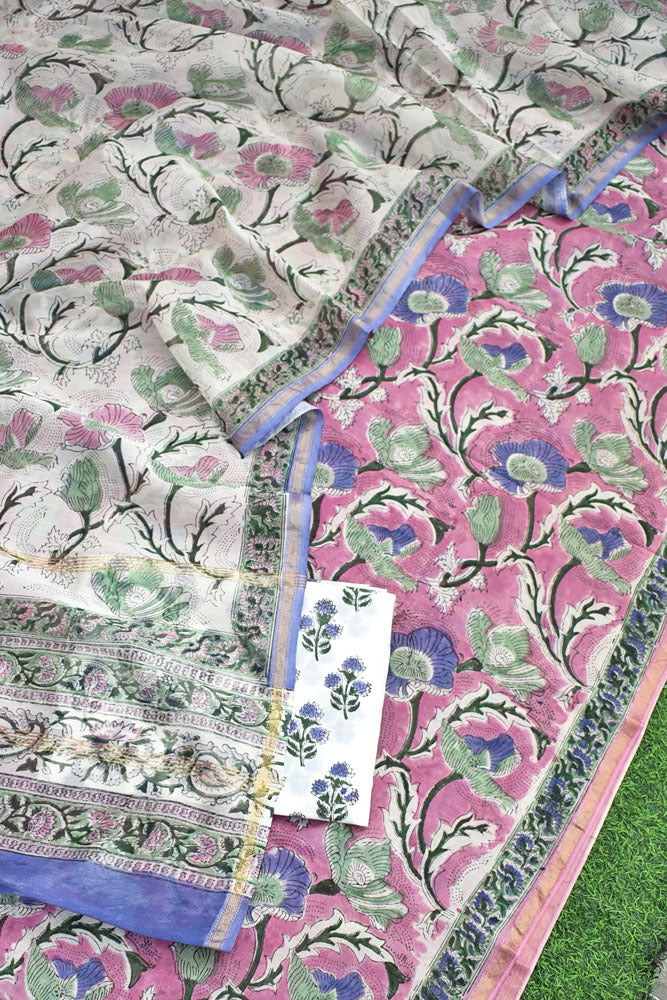 Elegant Sanganer Hand Block Printed Maheshwari Unstitched suit fabric