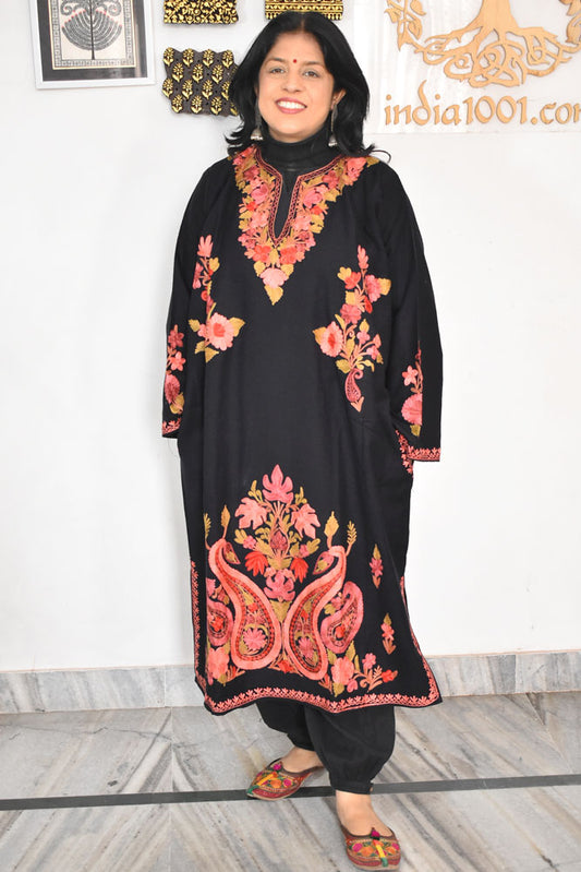 Kashmiri Wool Aari Embroidered Solid Women's Pheran Kurta - Free Size ( for size 38- 48)