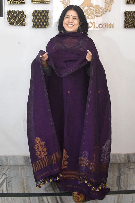 Kalakriti : Beautiful Hand Woven Pure Linen Jamdani Kurta Fabric & Dupatta set