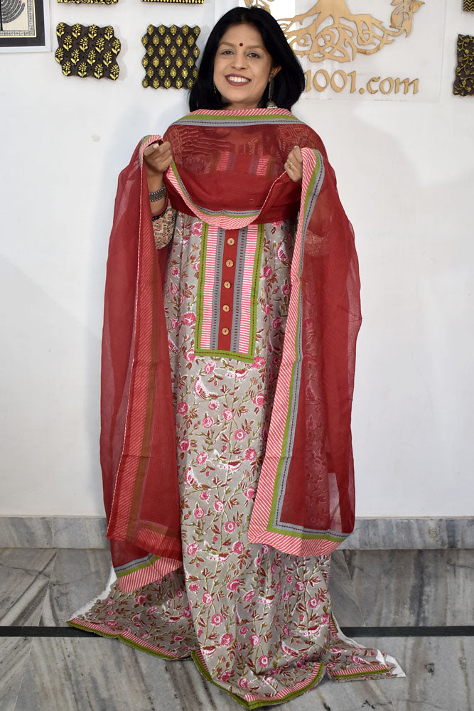 Designer Cotton Unstitched Suit Fabric with Embroidery, Bagru Block print patch & Kota dupatta