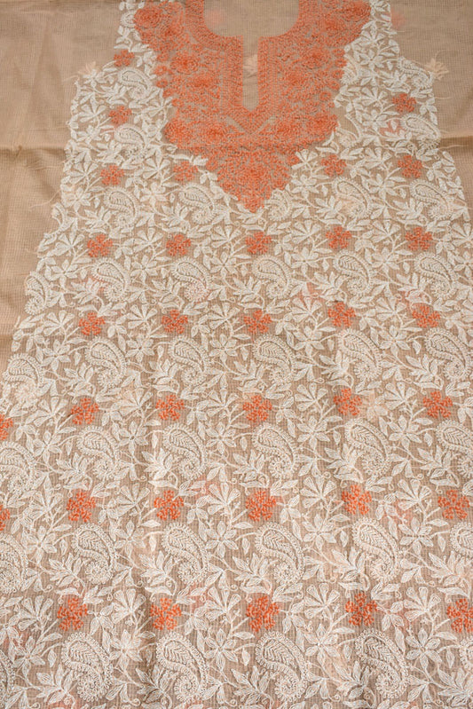 Designer Hand Embroidered Chikankari Tepchi work Kota Doria fabric - (3 - 3.1 mtrs )