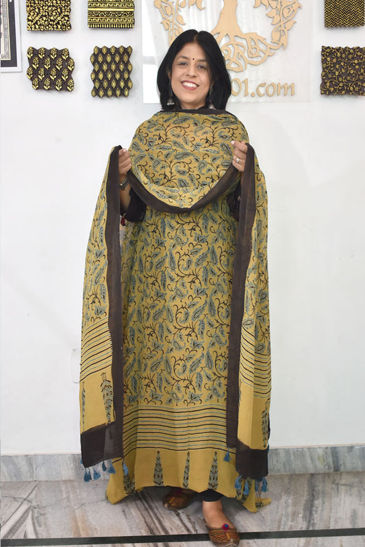 Ajrakh Hand Block Print Georgette Dupatta & Georgette Kurta Fabric