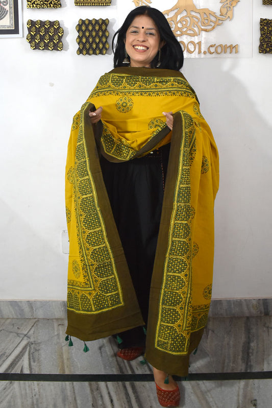 Ajrakh Hand Block Printed Cotton Dupatta with Tassels & natural dyes
