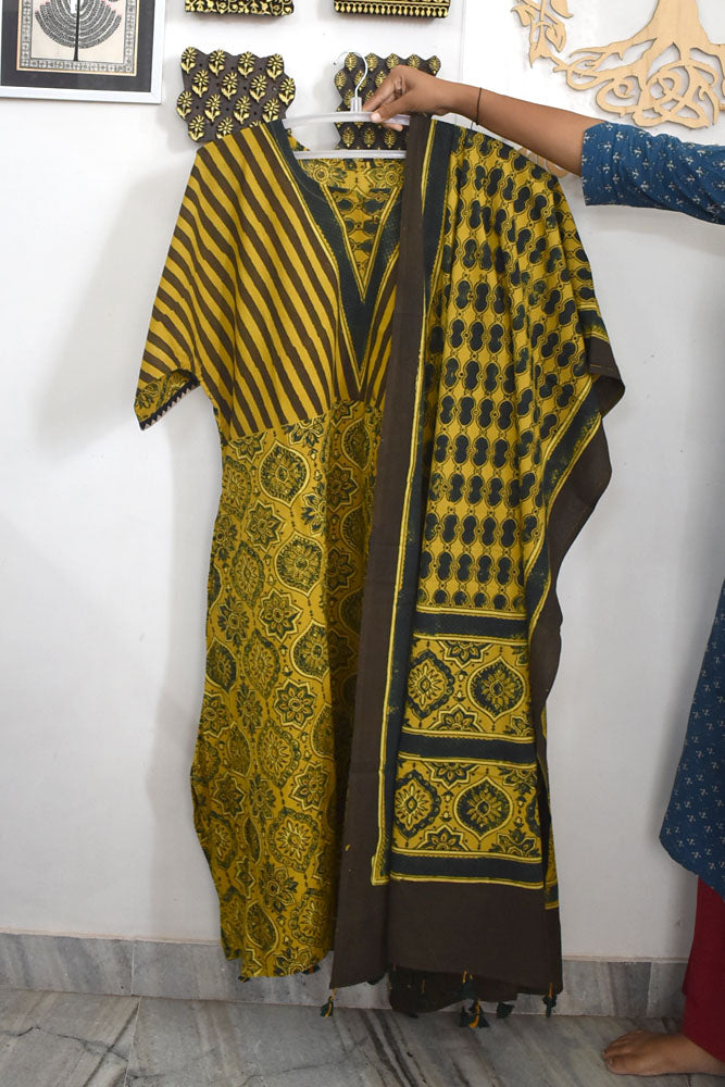 Ajrakh Hand Block Printed stitched Kaftan Kurta & Dupatta Set