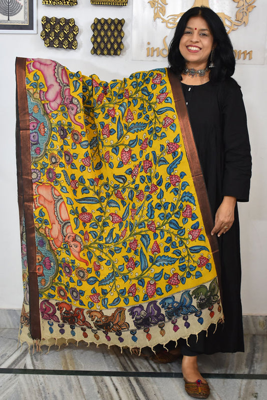 Beautiful Bangalore Cotton Silk Hand Painted Kalamkari Dupatta
