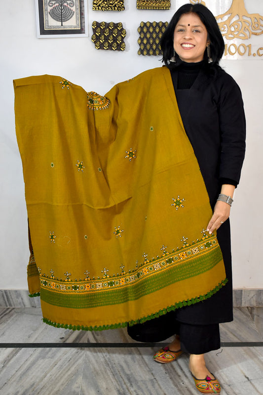 Handwoven Bhujodi Intricate Hand Embroidery & Hand  Mirror Work Woolen  Shawl