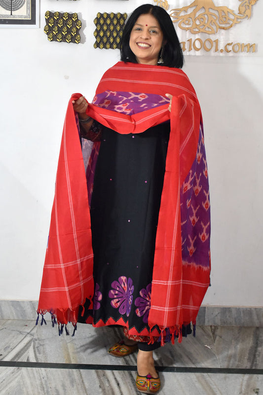 Beautiful Ikkat Patch Work Cotton kurta with Pochampally Ikkat Dupatta & Cotton Bottom - 3 pc set
