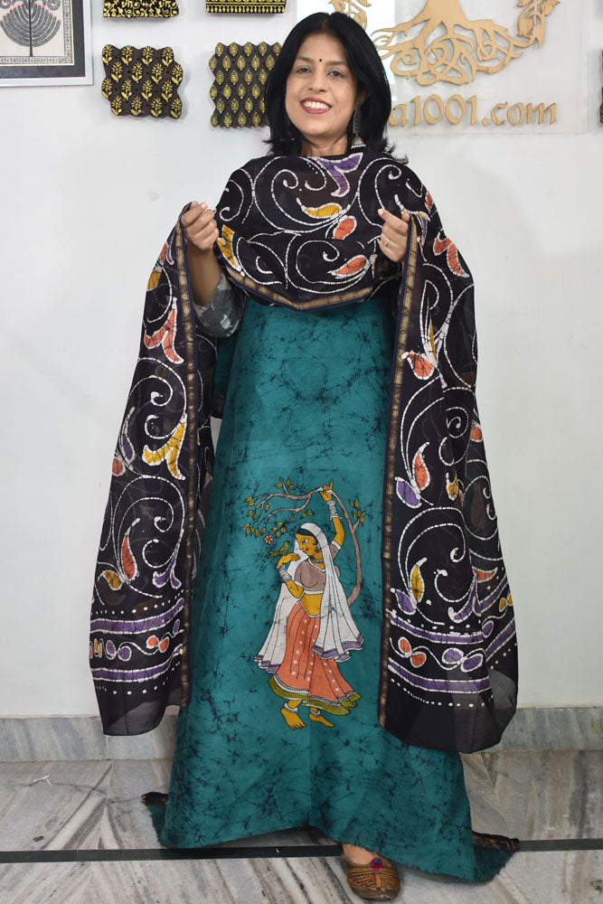 Elegant Handwoven Maheshwari silkcotton kurta fabric & dupatta set with  Wax Batik work