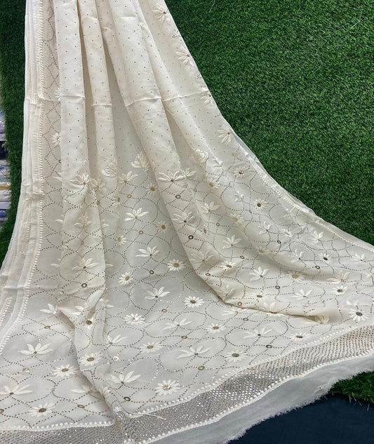 Very Beautiful Soft Viscose Georgette saree with Intricate Hand Chikankari & Muqaish work (with blouse piece in the same fabric)