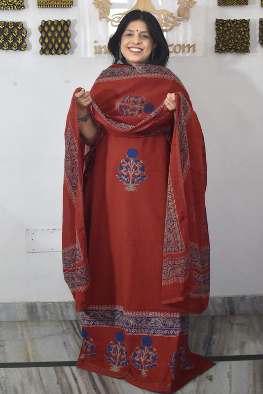 Elegant Hand Block print cotton suit with Cotton dupatta