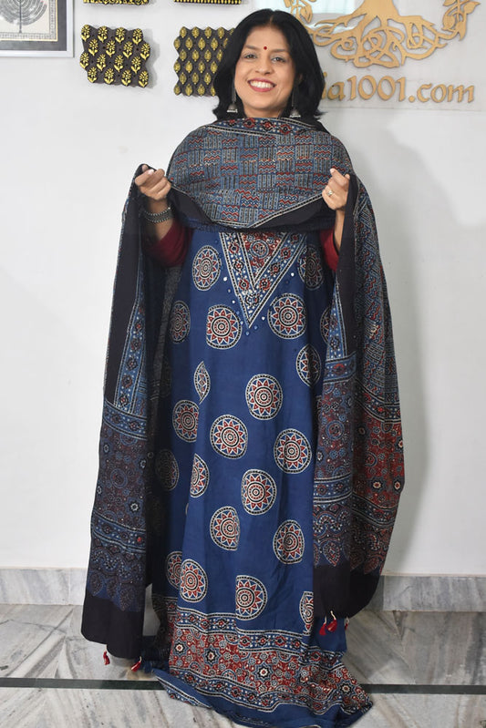 Designer Ajrakh Cotton kurta with  panel design & Mirror work & Cotton dupatta - 3 piece set