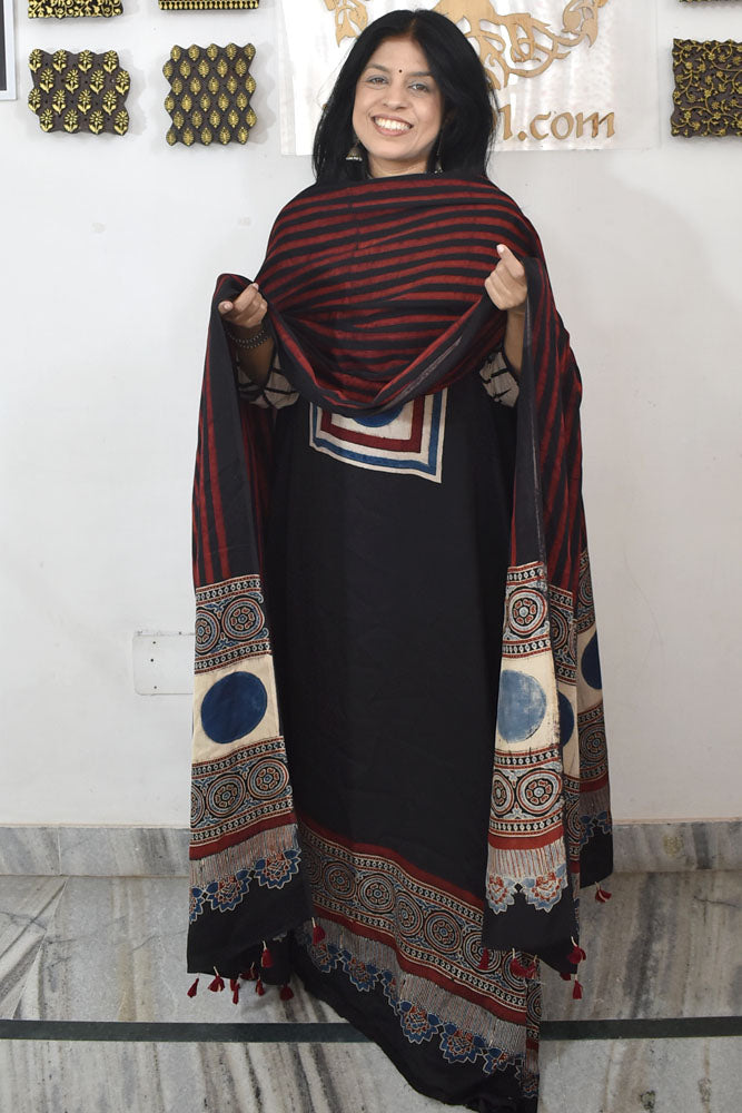 Designer Ajrakh Modal Silk Unstitched suit with  panel design & Ajrakh Dupatta- 2 piece set