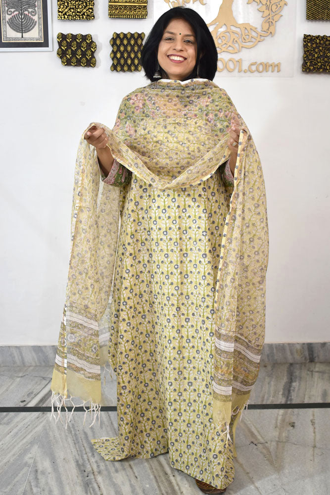 Beautiful Hand Block Printed Cotton unstitched suit fabric with Kota Doria Dupatta