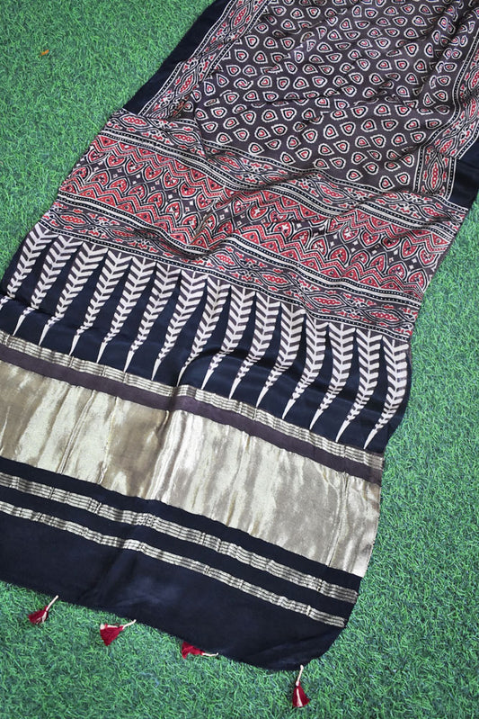 Beautiful Ajrakh Modal Silk Hand block Printed Stole with lagdi patta