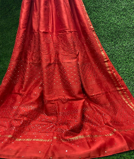 Beautiful Heavy Chanderi Saree with Hand Chikankari & Muqaish Work