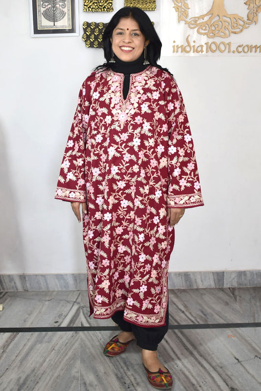 Kashmiri Wool Aari Embroidered Solid Women's Pheran Kurta -  NO.9