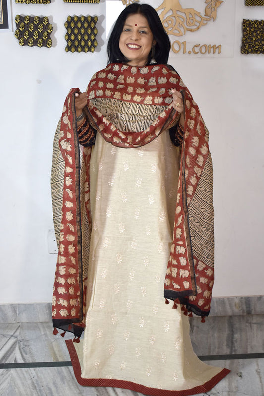 Handwoven Chanderi kurta with Hand Emboidery Chanderi Dupatta & Cotton Bottom - 3 pc set