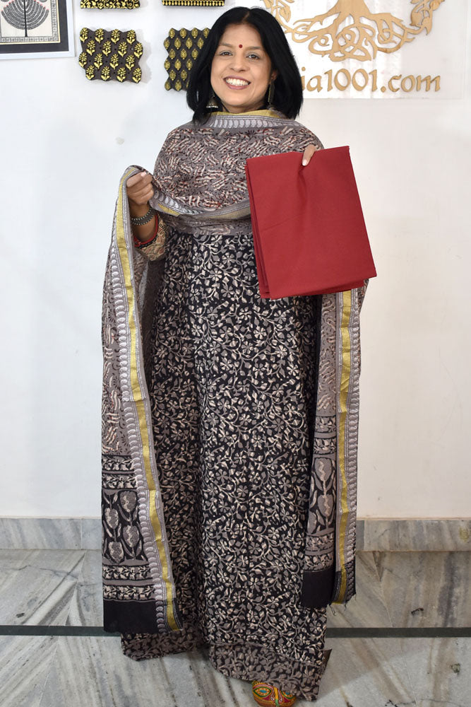 Beautiful Hand Block Printed Cotton unstitched suit fabric with Woven Borders Cotton dupatta