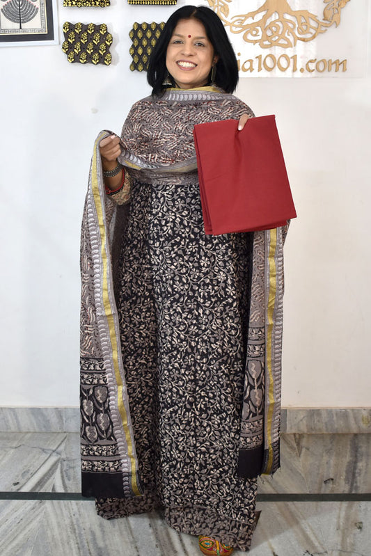 Beautiful Hand Block Printed Cotton unstitched suit fabric with Woven Borders Cotton dupatta