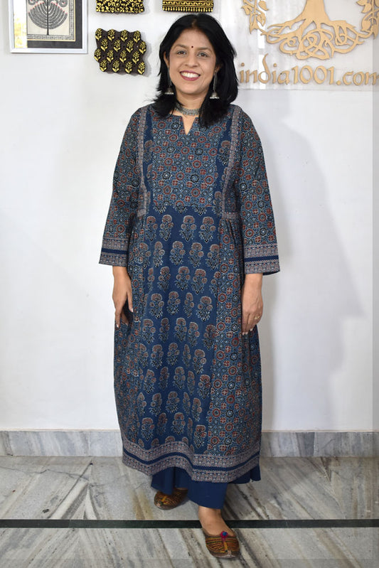 Designer Hand Block Printed Ajrakh cotton Kurta / Dress - Size 38 to 46 ( all sizes)