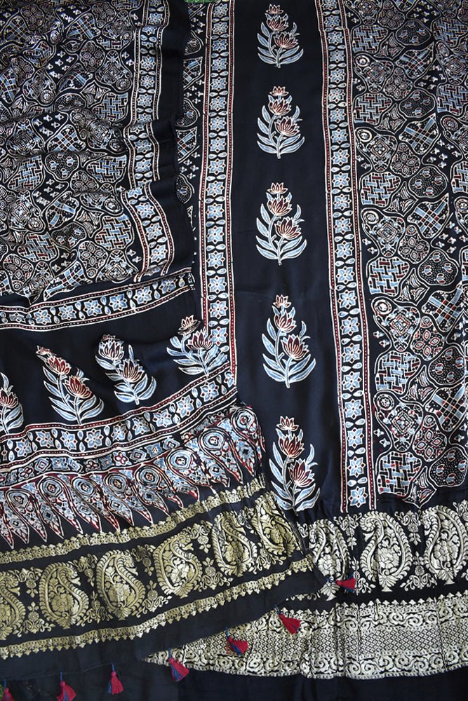 Designer Ajrakh Modal Silk kurta &  dupatta  set with Nakkshi palla