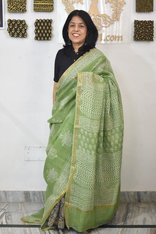 Beautiful Hand Block Printed Kota cotton Saree with zari border