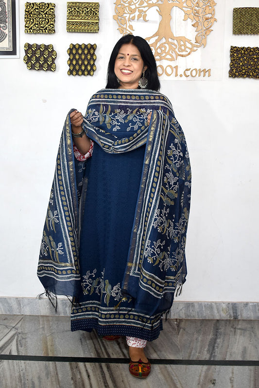 Elegant Hand Block print cotton suit with Schiffli work & Chanderi dupatta