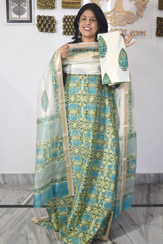 Beautiful Hand Block Printed Maheshwari Silk Cotton Unstitched suit fabric - 3 pc set