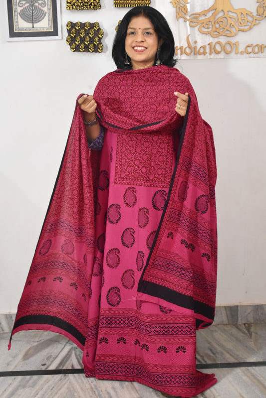 Bagh Hand Block Printed unstitched 3 pc Cotton suit fabric with Placement block print from MP