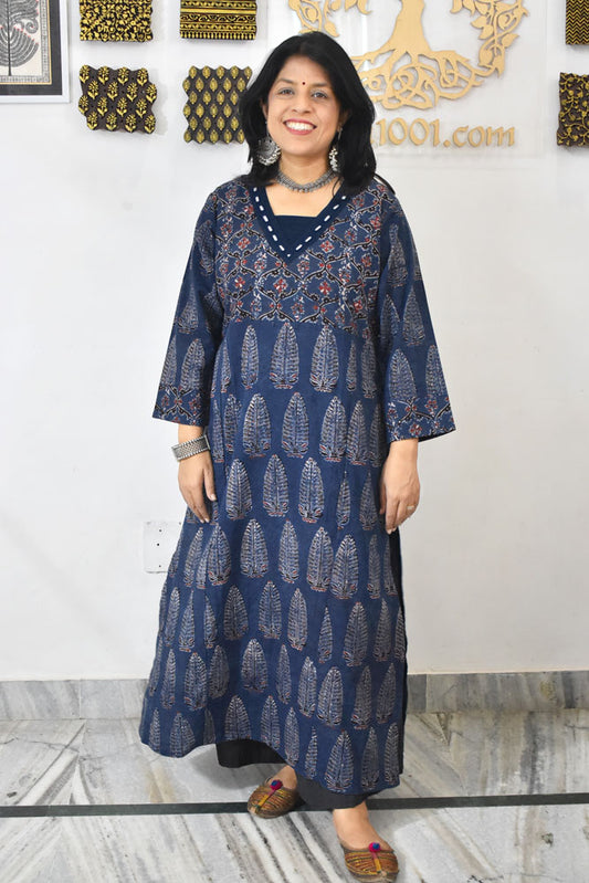 Beautiful Hand Block Printed Ajrakh Cotton kurta with Kutch Mirror work , Size 40 to 46