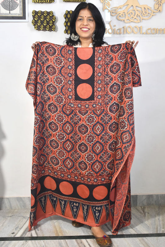 Designer Modal Silk Ajrakh Hand Block Print  Kurta Fabric - 2.5 mtrs cut