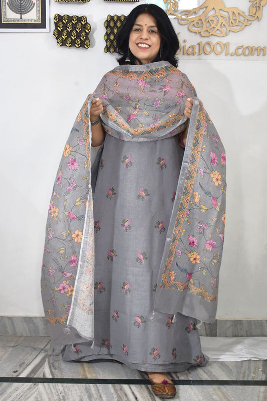 Dhairya : Beautiful Pure Linen suit with Digital print , intricate embroidery and cotton silk bottom