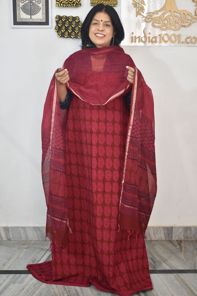 Classic Bagh Block Printed unstitched suit fabric with Kota Doria dupatta