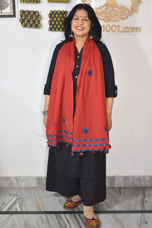Elegant Hand block printed Cotton stole with cloth tassels