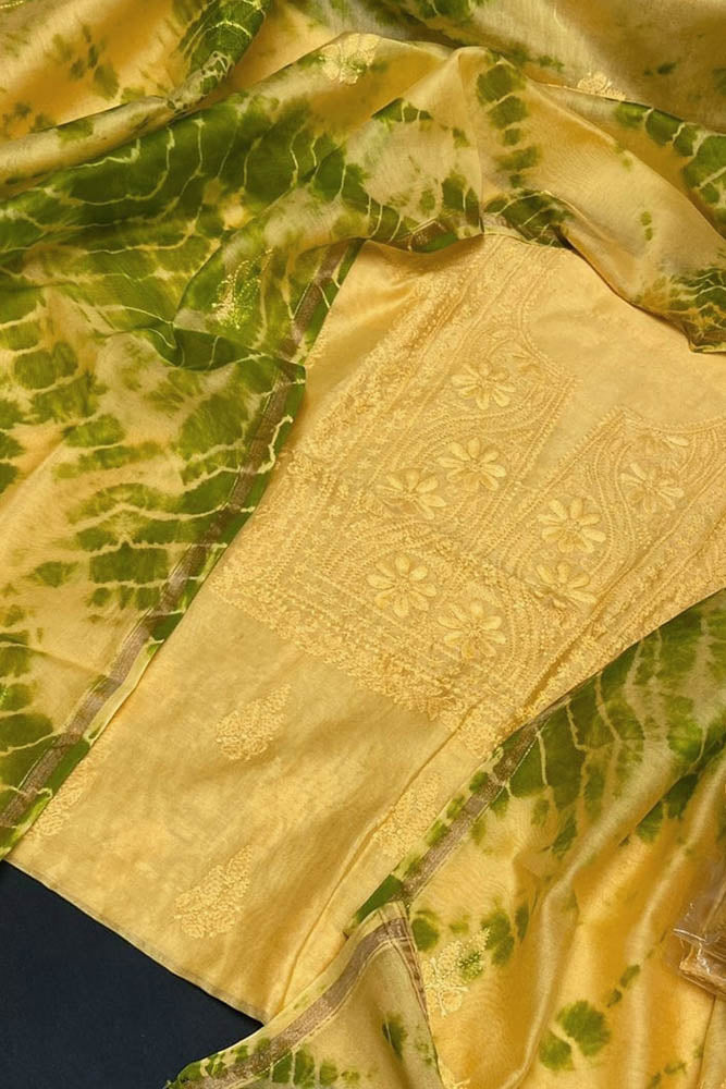 Elegant Chanderi  Kurta & Tie & Dye Dupatta Set with Hand Chikankari Embroidery