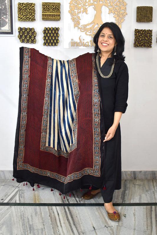 Designer Modal Silk Ajrakh Block Print Dupatta with tassels