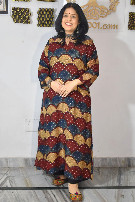 Beautiful Ajrakh Dola Silk Hand Block Print kurta , Size 40 to 46