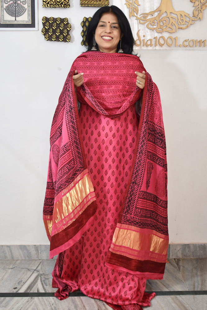 Bagh Hand Block Printed unstitched 3 pc Modal silk suit fabric with Lagdi patta from MP