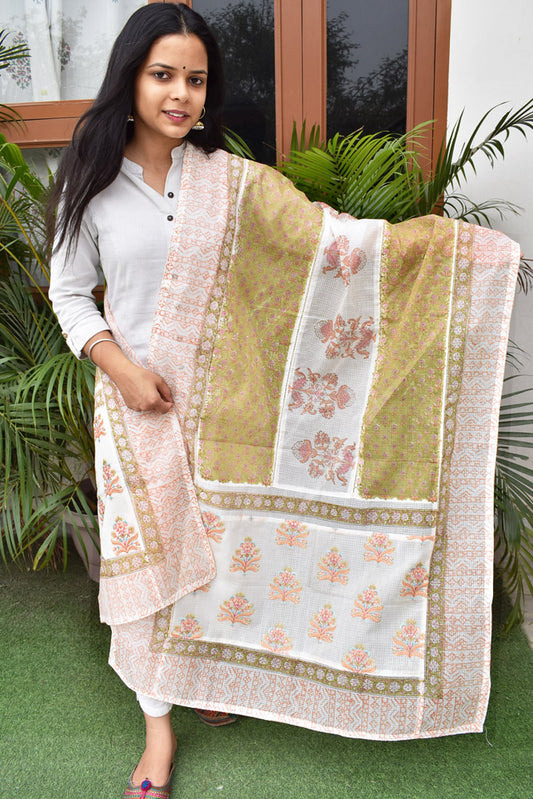 Hand Block Printed, Patch and Embroidery Work Kota Doria Dupatta