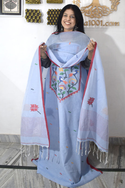 Kalakriti : Beautiful Hand Woven Soft Cotton Needle Jamdani Kurta Fabric & Dupatta set