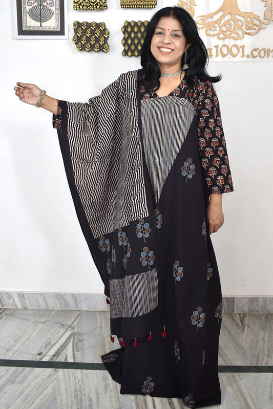 Designer Ajrakh Cotton kurta with Stole & Cotton Bottom - 3 piece set