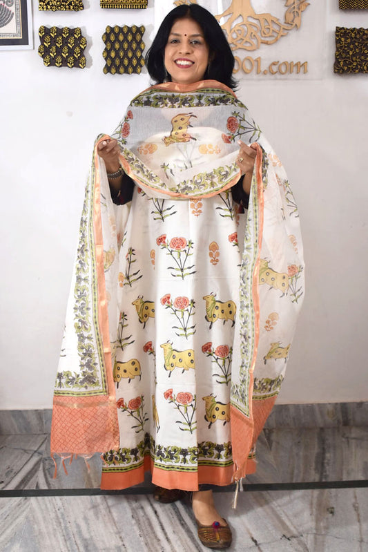Designer Hand Block Print Cotton suit with Chanderi dupatta