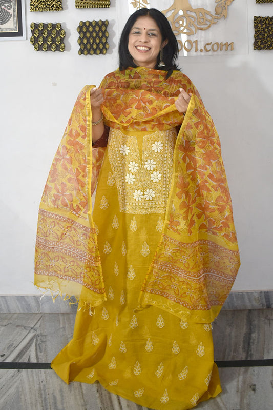 Elegant Lucknowi Chikankari Hand Embroidery work  & Block print Dupatta - 2 pc set